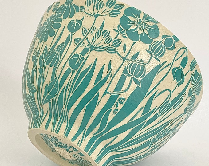 Bowl in Turquoise With Botanical Sgraffito - Etsy