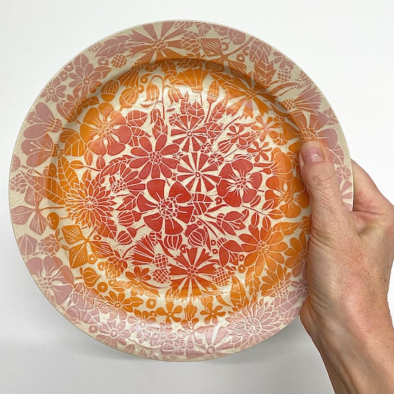 Plate With a Sgraffito of Flowers in Red/pink/orange
