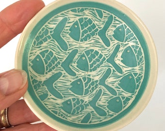 Small sgraffito fish bowl in turquoise