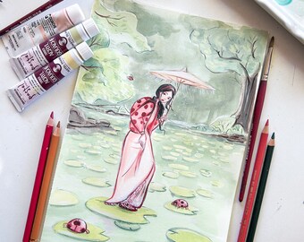 Original illustration "Ladybug & pond", gouache, painting, ink, home decoration, art, living room, gift