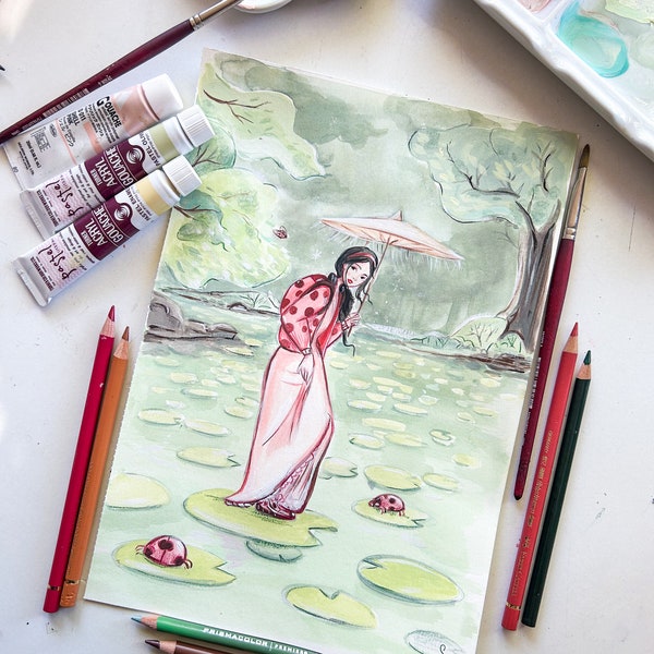 Illustration originale "Ladybug & pond", gouache, peinture, encre, décoration maison, art, salon, cadeau