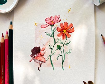 Original illustration "Cosmos", gouache, painting, ink, home decoration, art, living room, gift