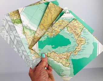 MAXI ATLAS ENVELOPES, vintage map pages, hand-cut, retro, upcycled atlas pages, stationery, map envelopes, set of 9, snail mail, gift,