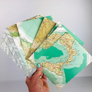 MAXI ENVELOPPES D'ATLAS, pages de carte vintage, découpées à la main, rétro, pages d'atlas recyclées, papeterie, enveloppes de carte, lot de 9, courrier postal, cadeau,