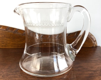 Antique Edwardian Hand Engraved Glass Jug – 15 cm Tall | Late Victorian Clear Glass Pitcher | Hand-Blown with Scroll & Zigzag Design, c.1900