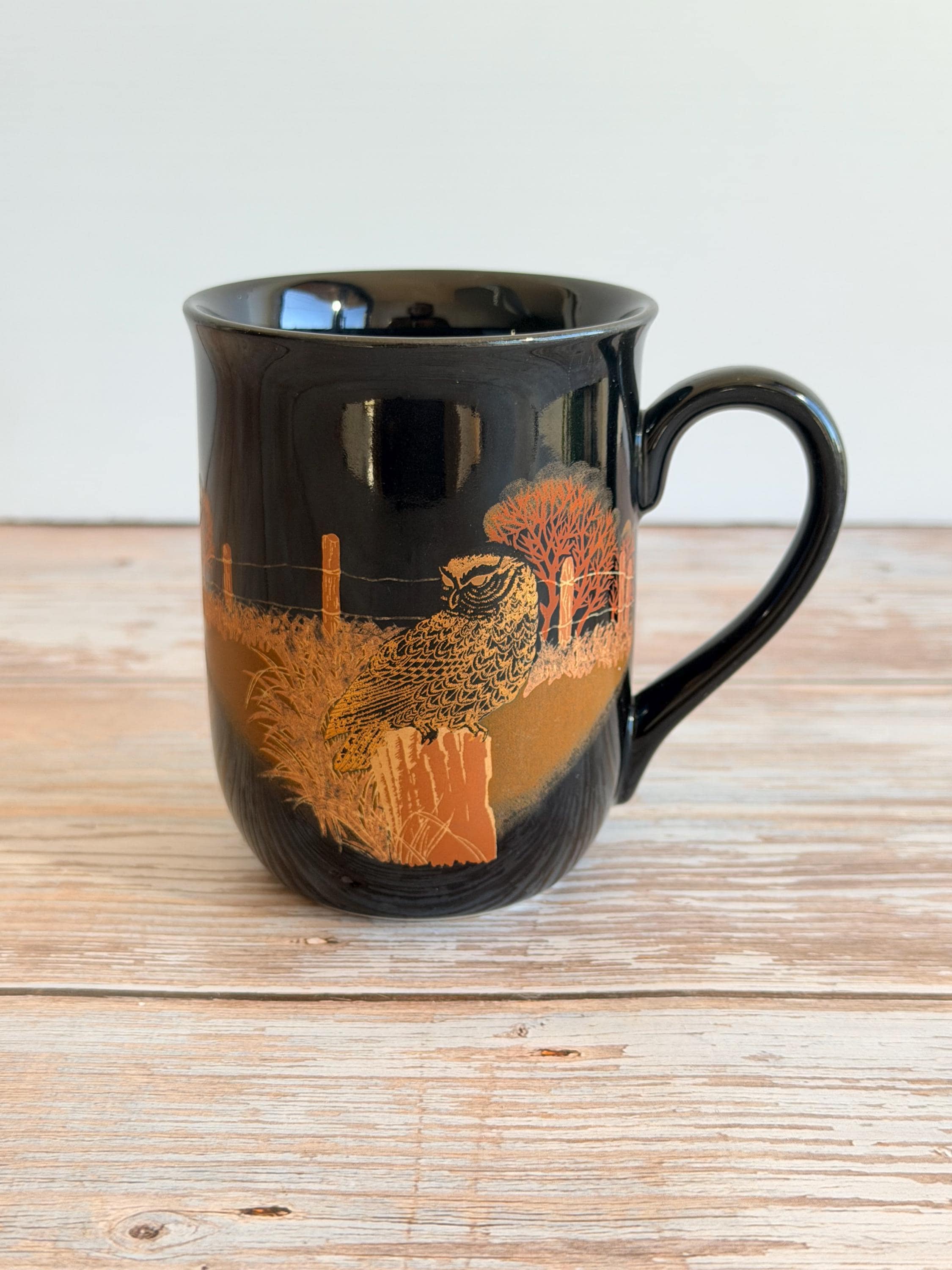 Vintage Otagiri Japan Owl Mug, Gibson Greetings Woodland Coffee Cup, Black & Gold Ceramic Owl Mu