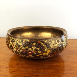 Vintage Kashmiri Papier Mâché and Brass Bowl, Hand Painted Floral Bird Design, India, Bird-lover, birdlife