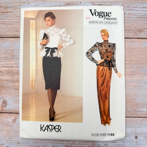 ヴィンテージ Vogue 1189 Kasper 裁縫パターン 1985 | レーストップス＆ドレスセット | サイズ 12 | 工場で折り畳んだ状態（未裁断）