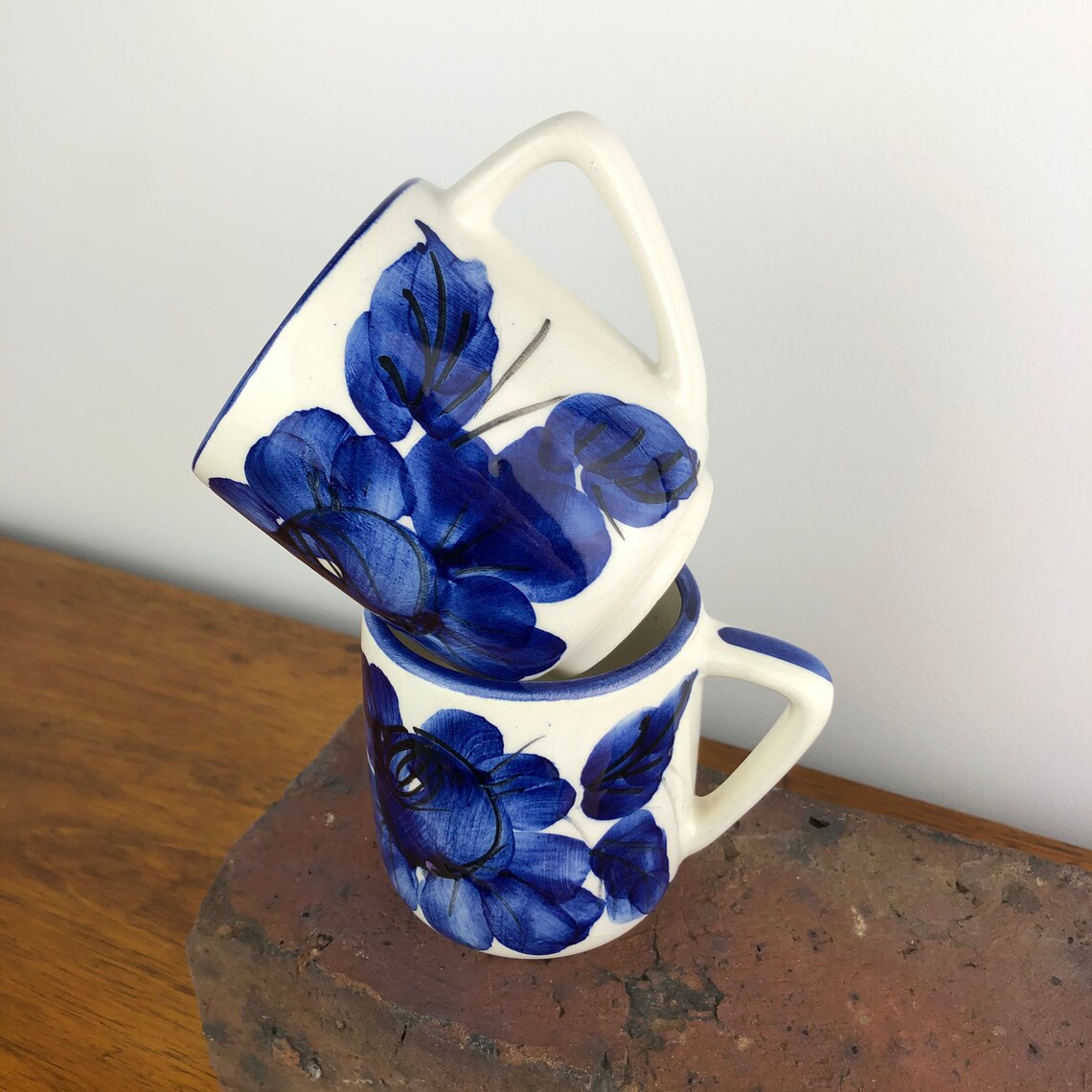 Pair vintage handpainted coffee cups blue and white coffee Etsy