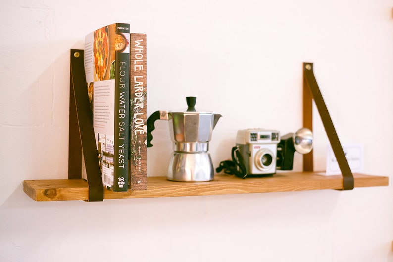 Leather Strap Hanging Wooden Shelf Etsy Canada
