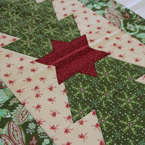 May include: A green and cream quilted table runner with a red star in the centre. The runner features a repeating pattern of snowflakes and small red flowers.