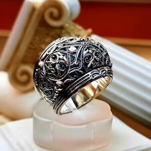 Sterling Silver Byzantine Dome Ring | Embossed Lotus Design | Vintage Statement