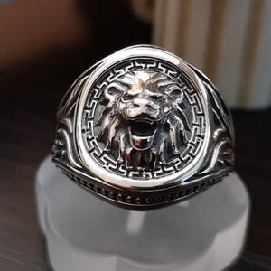 Sterling Silver Lion Head Ring | Oxidized Byzantine Design | Handcrafted Statement