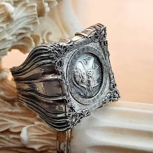 Ancient Greek coin silver ring, Athena ring, antique coin ring bohemian ring, Athena