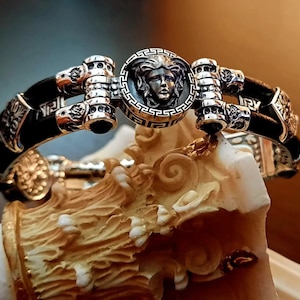 Medusa Handmade Bracelet in Silver 925 with Real Sapphires and Leather, Big Signet Antique Ancient Greek Souvenir, Yianni Jewellery