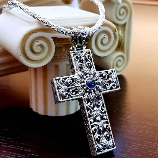 Byzantine Cross Pendant Sterling Silver 925 & Genuine Sapphire Gem/Big Handmade Orthodox Amulet/Large Religious Signet Greek Jewelry