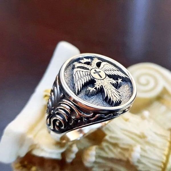 Byzantine Men Double Headed Eagle Ring Silver 925/Handmade Signet Bulky Impressive Orthodox Greek Jewelry/Vintage Religious Medieval for Him