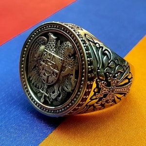 Armenia Coat of Arms Ring Silver 925/Traditional Khachkar Cross/Handmade Armenian Eagle-Lion Symbol Jewelry Gift/Yianni Jewellery