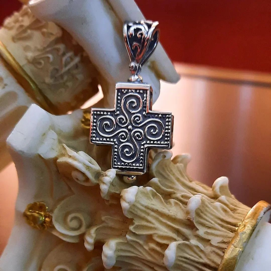 Byzantine Cross Pendant Silver 925/Handmade Religious Charm Greek
