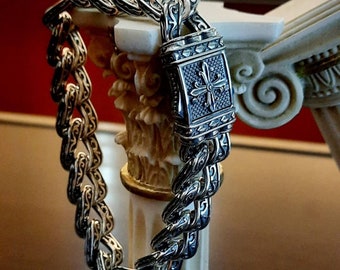 Pulsera de eslabones grabados en plata, hecha a mano, pulsera de plata de ley con diseños, estilo bizantino, pulsera para mujeres, pulsera para hombres
