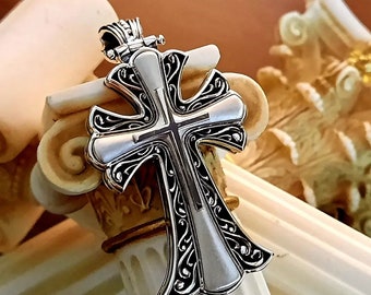 Byzantinischer Silber 925 Kreuz Modernes Design / Handgemachter kyrillischer Anhänger / religiöser Kreuzanhänger, griechischer Schmuck