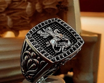 Saint George Byzantine Ring Silver 925 and Black Onyx, Handmade Men Greek Signet Souvenir Jewelry, Yianni Jewellery