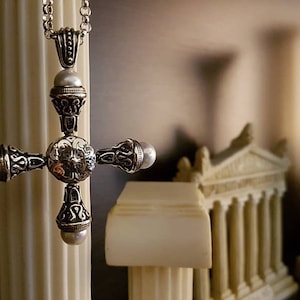 Handcrafted sterling silver cross pendant, Byzantine design, Pearl Stone, Verina.,Greek Jewelry
