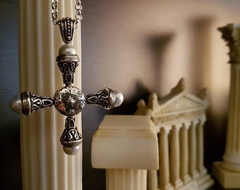 Handcrafted sterling silver cross pendant, Byzantine design, Pearl Stone, Verina.,Greek Jewelry