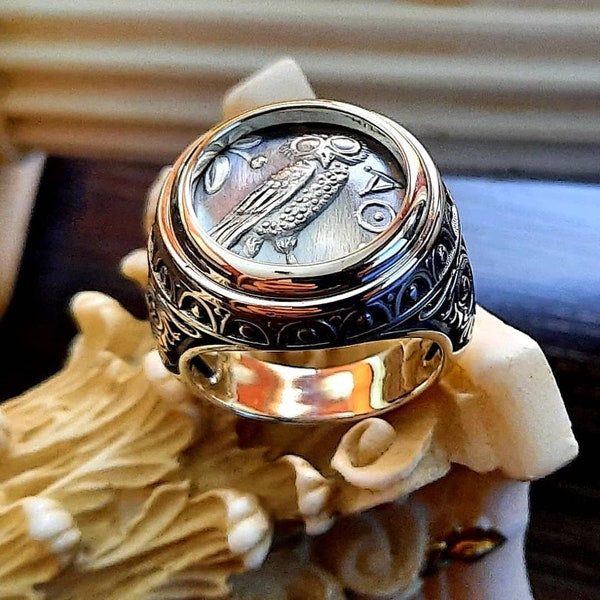 Eule der Göttin Athena Ring Silber 925/Siegel Antike Mythologie griechische Souvenir/Chunky Münze Ring Sterling Silber 925Yianni Schmuck