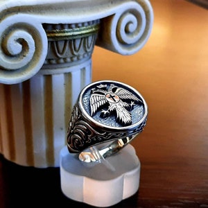 Byzantine Men Double Headed Eagle Ring Silver 925/Handmade Signet Bulky Impressive Orthodox Greek Jewelry/Vintage Religious Medieval for Him