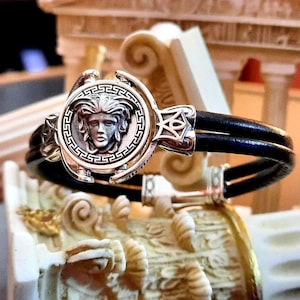 Medusa Handmade Bracelet with Real Leather Silver 925, Big Signet Byzantine Antique style Ancient Greek Souvenir, Yianni Jewellery