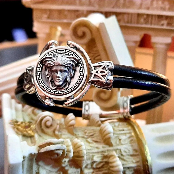 Medusa Handmade Bracelet With Real Leather Silver 925, Big Signet