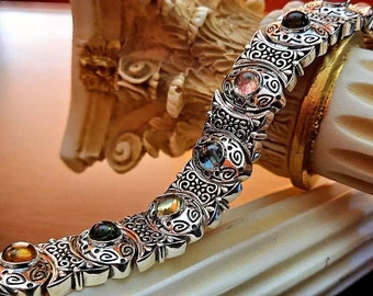 Bracelet fait main de style byzantin en argent 925 et véritables pierres précieuses de tourmaline ou lapis lazuli/bracelet à maillons vintage en vrac pour femme et homme