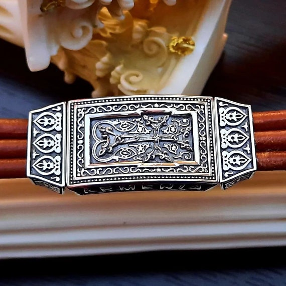 Buy Armenian Khachkar Bracelet Double Row Leather Bracelet Cross