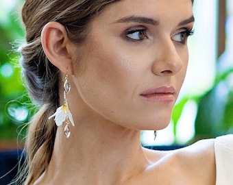 White Flower Bridal Earrings, Gold-Plated Lace, Boho Wedding Accessory