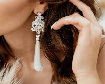 Sparkling Crystal Tassel Wedding Jewelry Set - Bridal Earrings and Bracelet Set