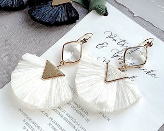 White and gold Tassel fan earrings for wedding, long drop earrings for brides