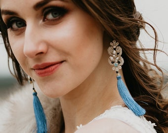 Navy Blue Boho Tassel Lace Wedding Earrings for Brides - Something Blue