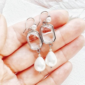 Dangle drop silver crystal earrings for bride, drop pearl earrings, crystal dangle earrings pearl bridal earrings statement minimalist