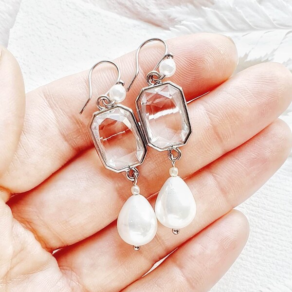 Dangle drop silver crystal earrings for bride, drop pearl earrings, crystal dangle earrings pearl bridal earrings statement minimalist
