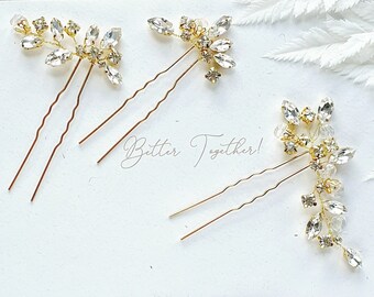 Gold Wedding Hairpins, Set of Crystal Hairpins for Bride, Wedding Hair Comb with Crystals, Wedding Headpiece, Delicate Hairpins Gift Bride