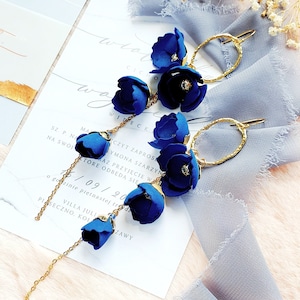 Navy blue gold long chain wedding earrings for bridesmaid, fancy party night out earrings jewelry, blue long floral earrings dangle