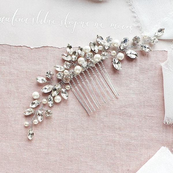 Bridal Wedding hair comb hair piece with crystals and ivory pearls for brides, pearl bridal hair comb, Beaded silver twig with pearls