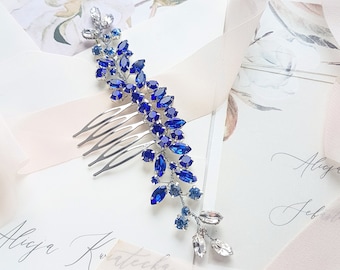 Pettine per capelli da sposa in cristallo blu cobalto con effetto ombre.