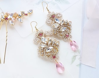 Boho gold and pink Bridal Wedding Earrings with rose crystals