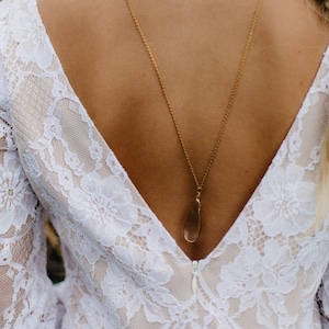 Open back dress pendant, Long body chain necklace with crystal drop, wedding jewelry for brides, open back dress pendant