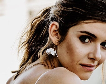 Boho Bridal Earrings, Gold-Plated White Lace Flowers