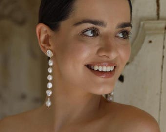 Orecchini pendenti lunghi con perle da sposa, borchie in argento, gioielli da sposa