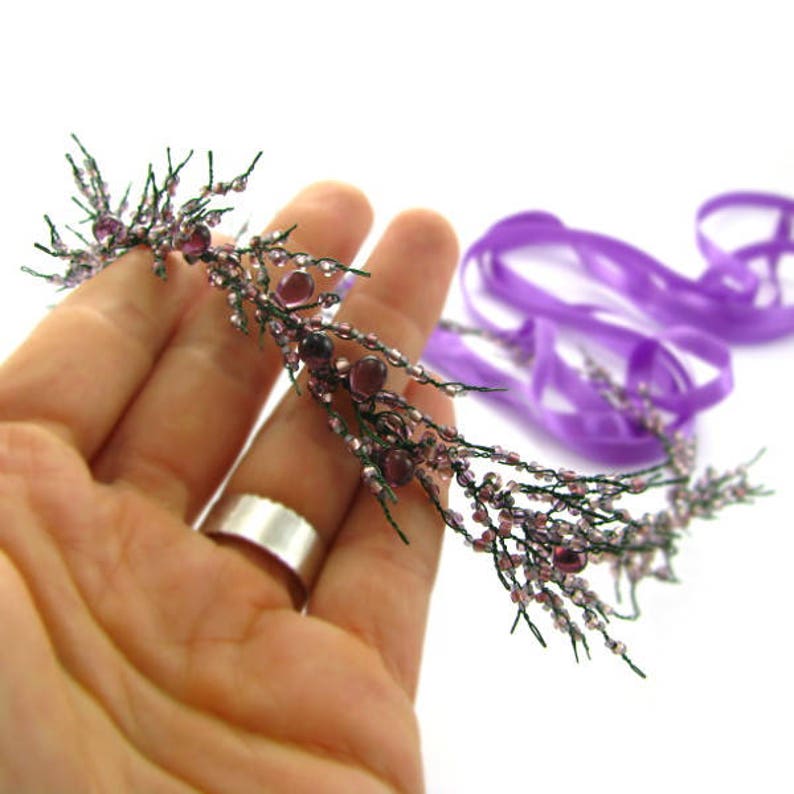 bridal hair vine tiara floral flower wreath Purple and green heather wedding wreath wedding hair piece Wedding hair accessories for bride