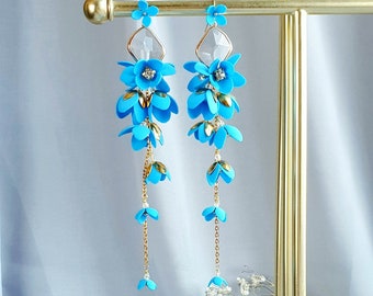 Boho Long Blue flower wedding earrings for bride, flower bridal earrings blue floral earrings blue party earrings large prom